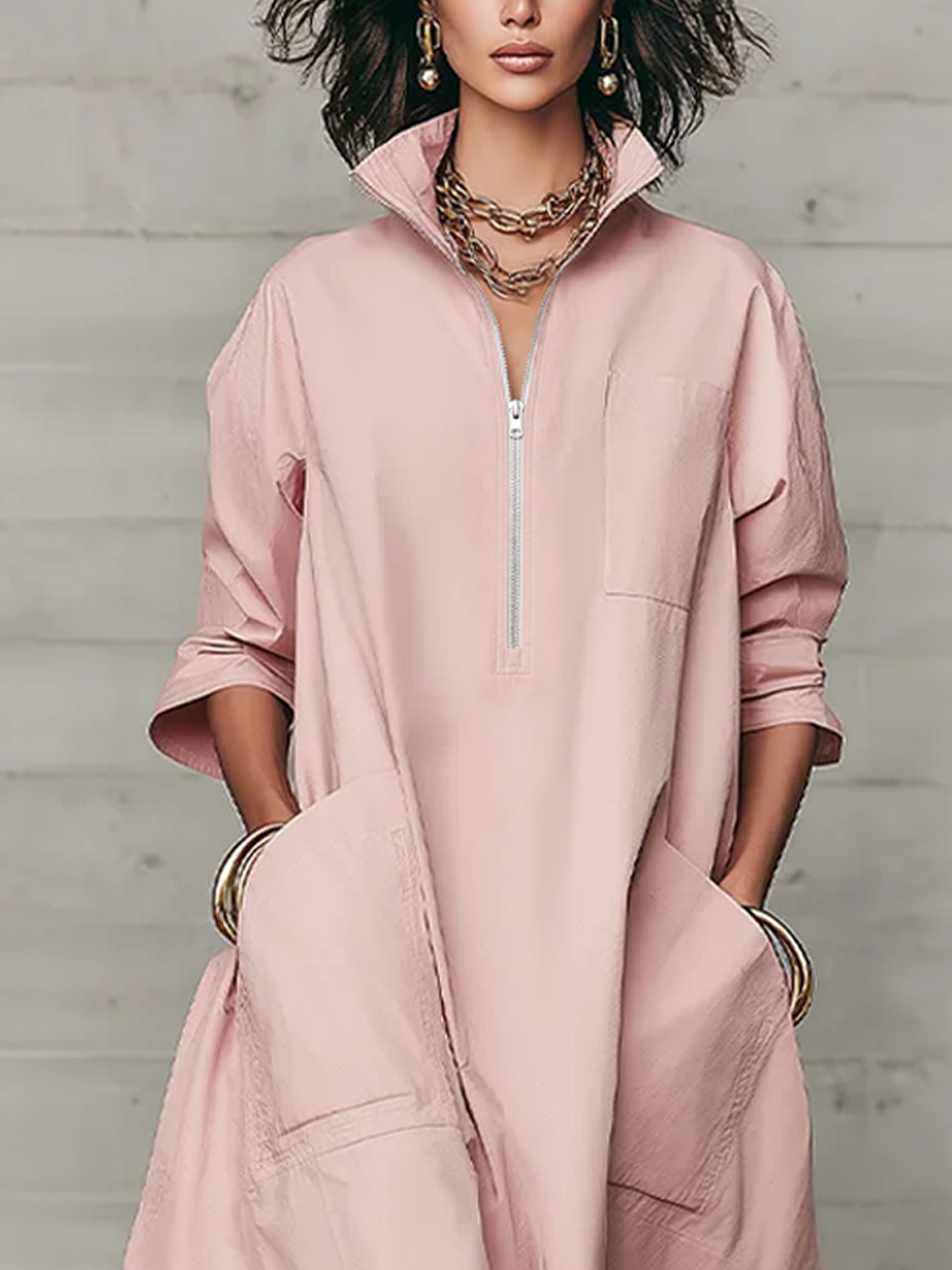 Grayish Pink Cotton Shirt-style Pocket Long Dress
