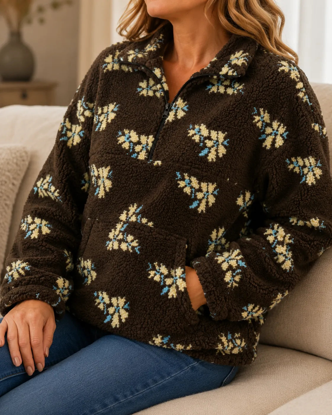 Maribel | Floral Sherpa Quarter-Zip Pullover