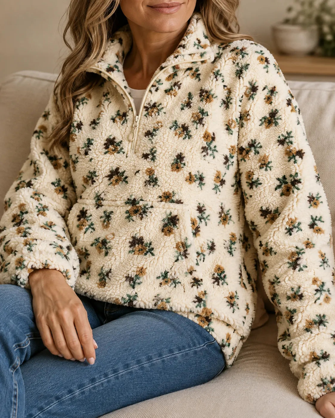 Elodie | Floral Sherpa Half-Zip Pullover
