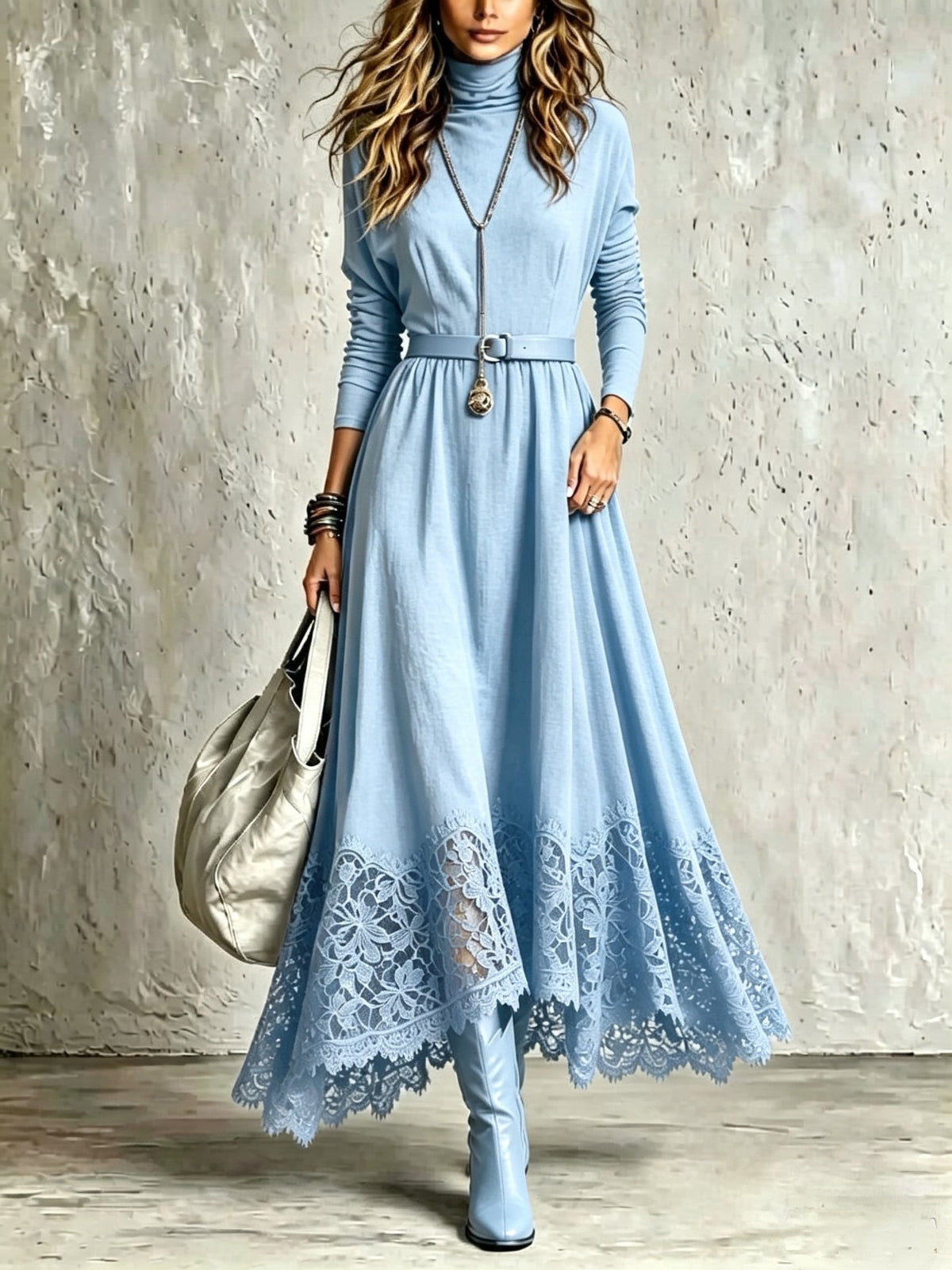 Lace-Trimmed Turtleneck Maxi Dress