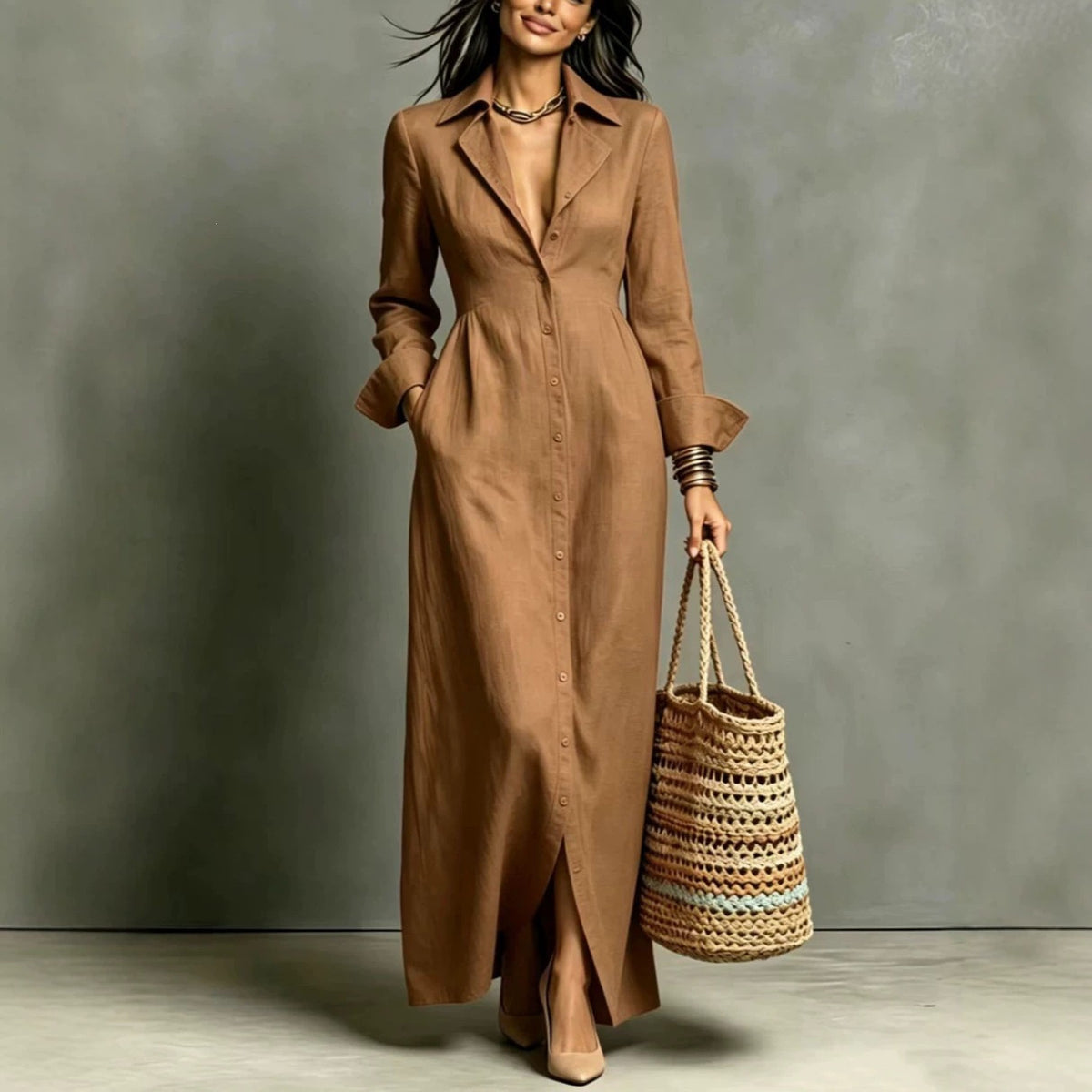 Linen Blend Relaxed Button-Front Maxi Shirt Dress