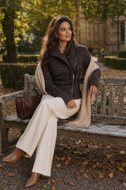 Brown Asymmetrical Zip Ribbed Knit Jacket