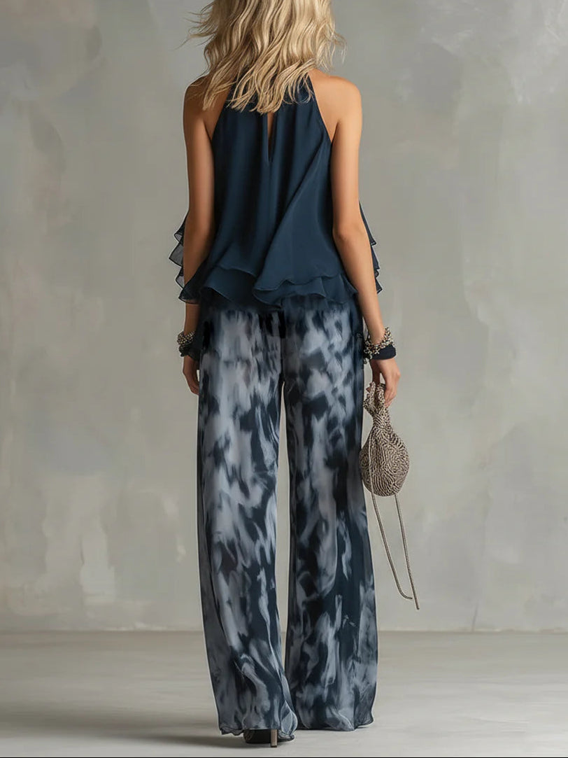 Navy Halter Neck Top And Printed Wide-leg Pants Chiffon Set