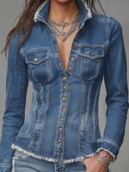 Classic Retro Fitted Frayed-Edge Denim Shirt Jacket with Button Front