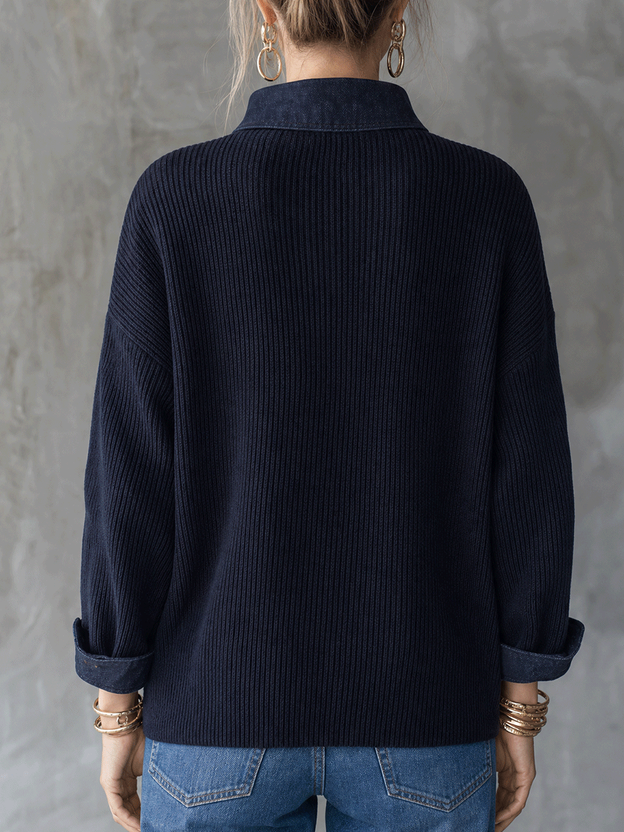 Women's Ribbed Knit Denim Collar Button Down Long Sleeve Top