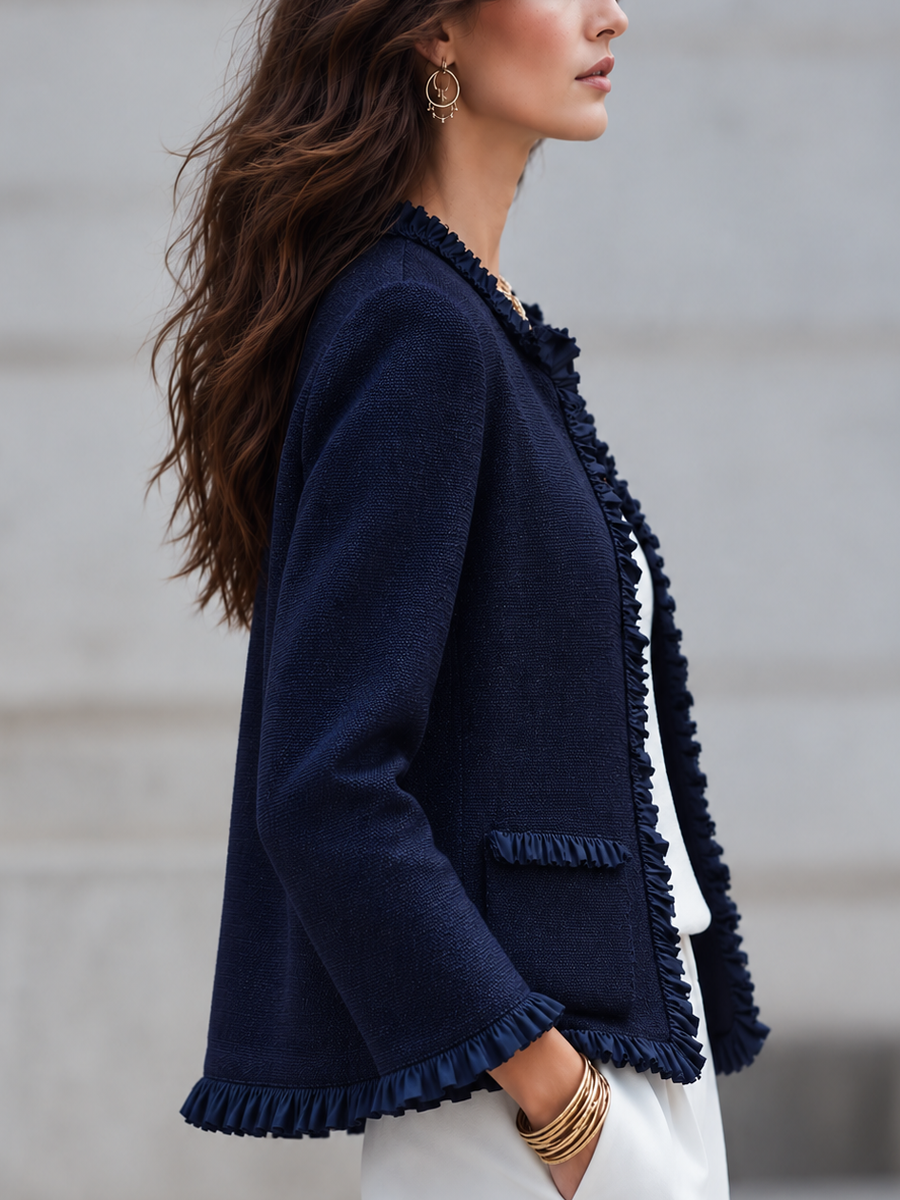 Romantic Navy Textured Ruffle Trim Jacket