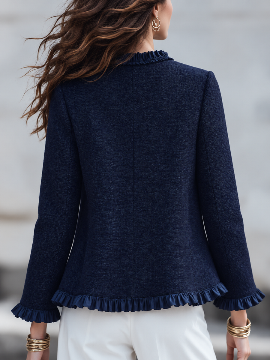Romantic Navy Textured Ruffle Trim Jacket