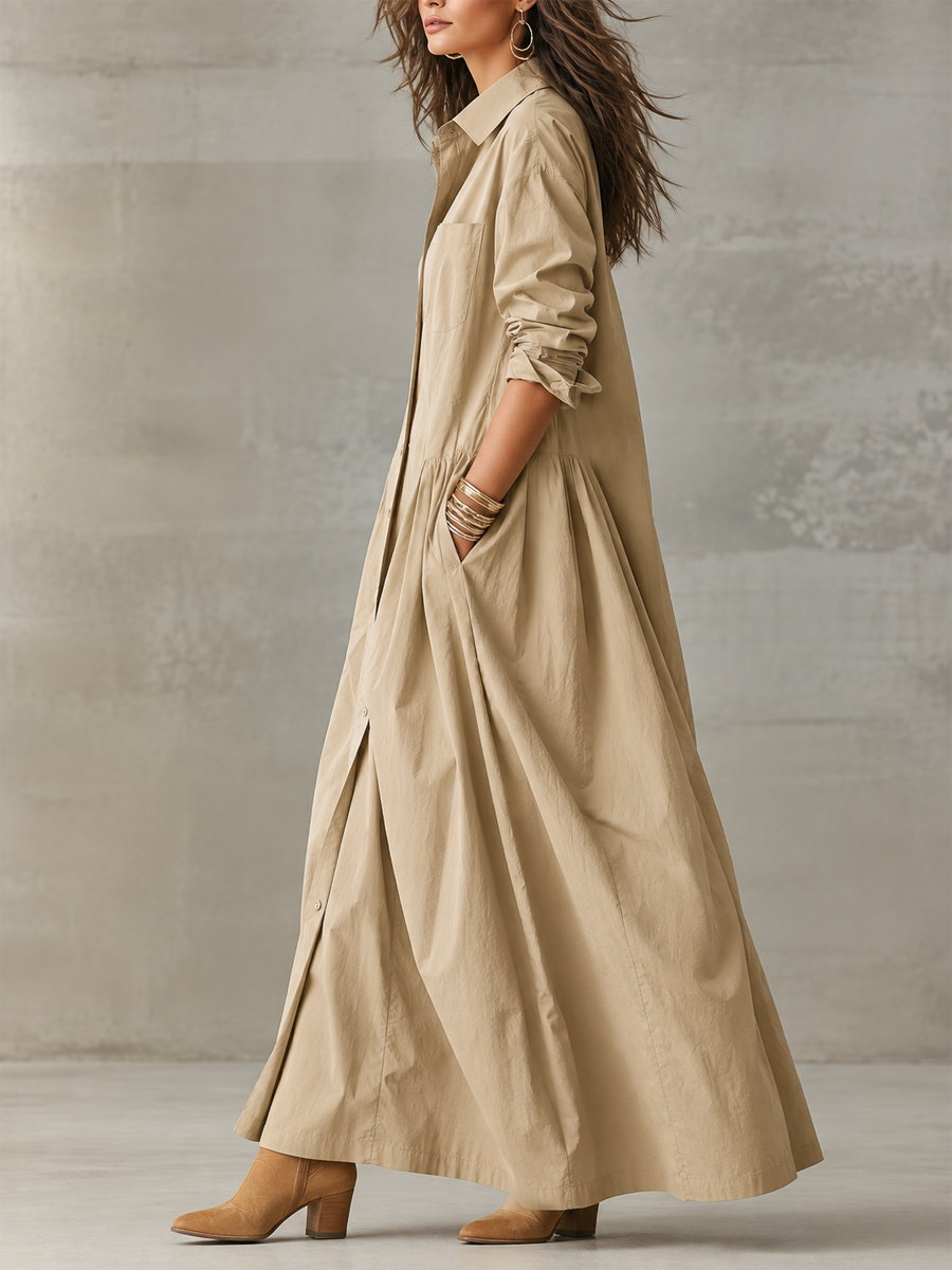 Khaki Cotton Linen Low-waisted Long Shirt Dress