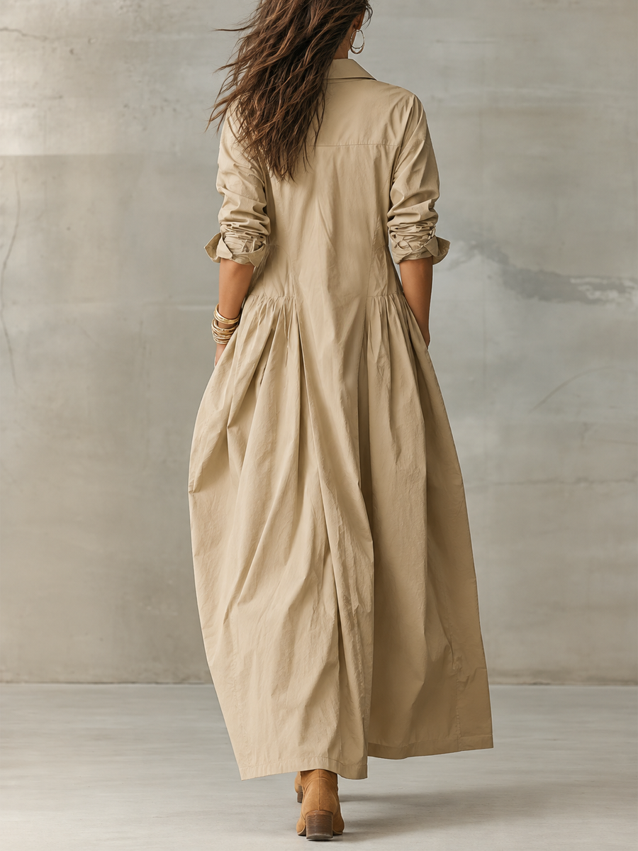 Khaki Cotton Linen Low-waisted Long Shirt Dress