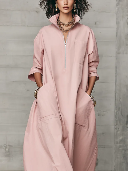 Grayish Pink Cotton Shirt-style Pocket Long Dress