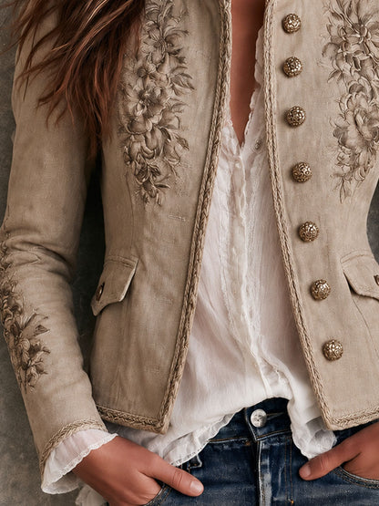 Retro Beige Stand Collar Floral Embroidery Braided Trim Jacket