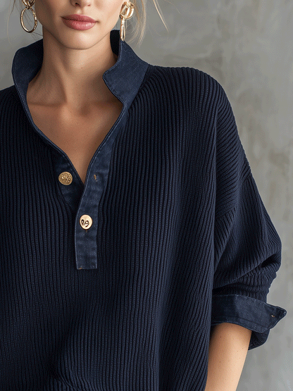 Women's Ribbed Knit Denim Collar Button Down Long Sleeve Top
