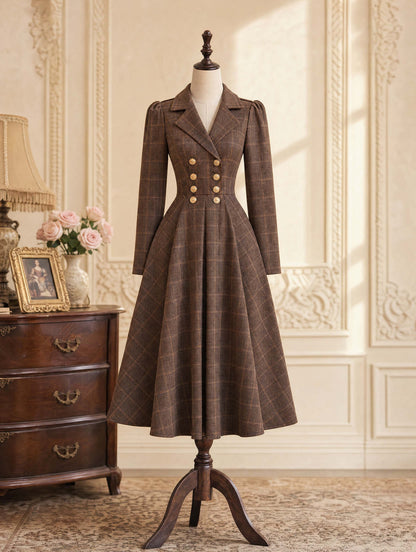 Vintage Plaid Double‑Breasted Midi Dress