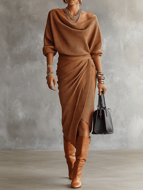 Quiet Luxury Ribbed Knit Relaxed Cinnamon Brown Skirt Set