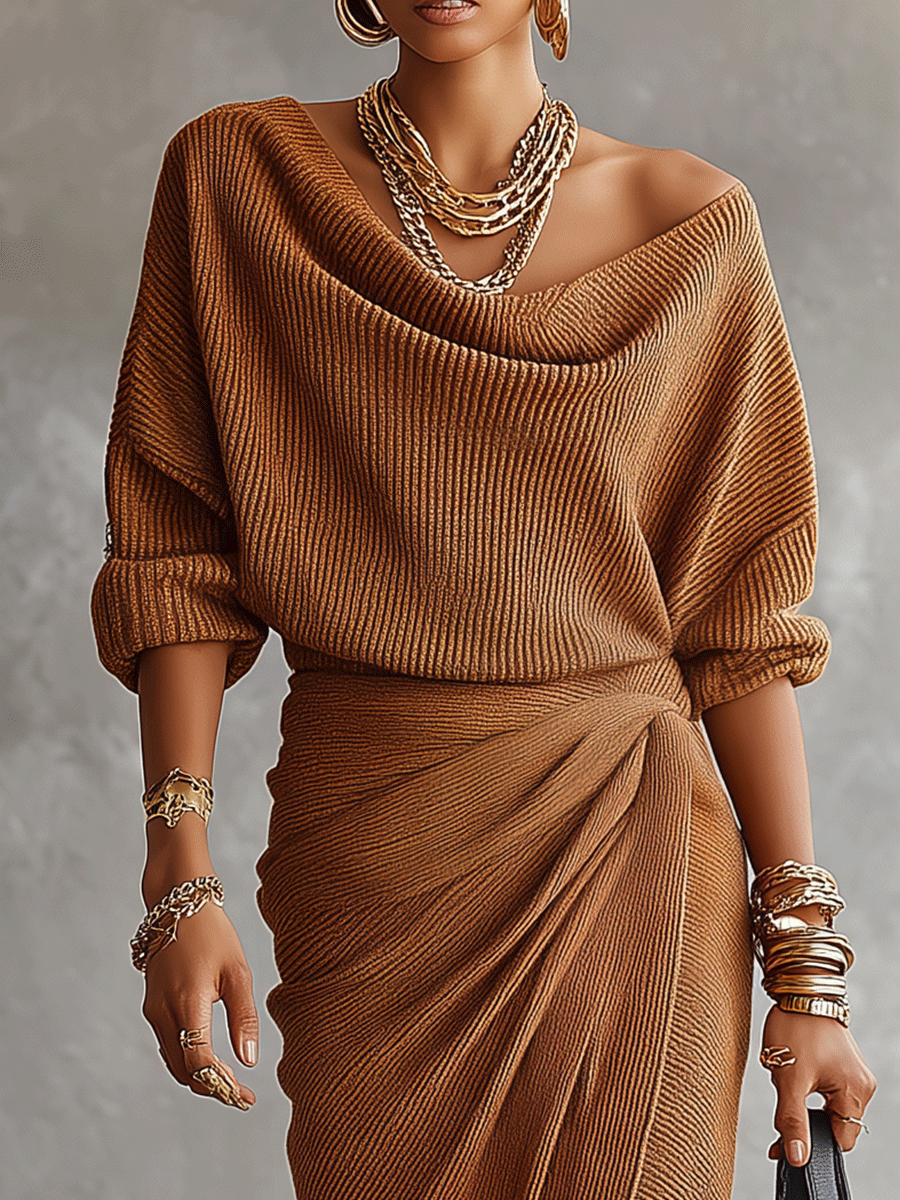 Quiet Luxury Ribbed Knit Relaxed Cinnamon Brown Skirt Set