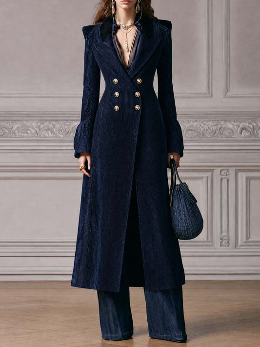Vintage Navy Corduroy Double-Breasted Long Coat with Gold Buttons