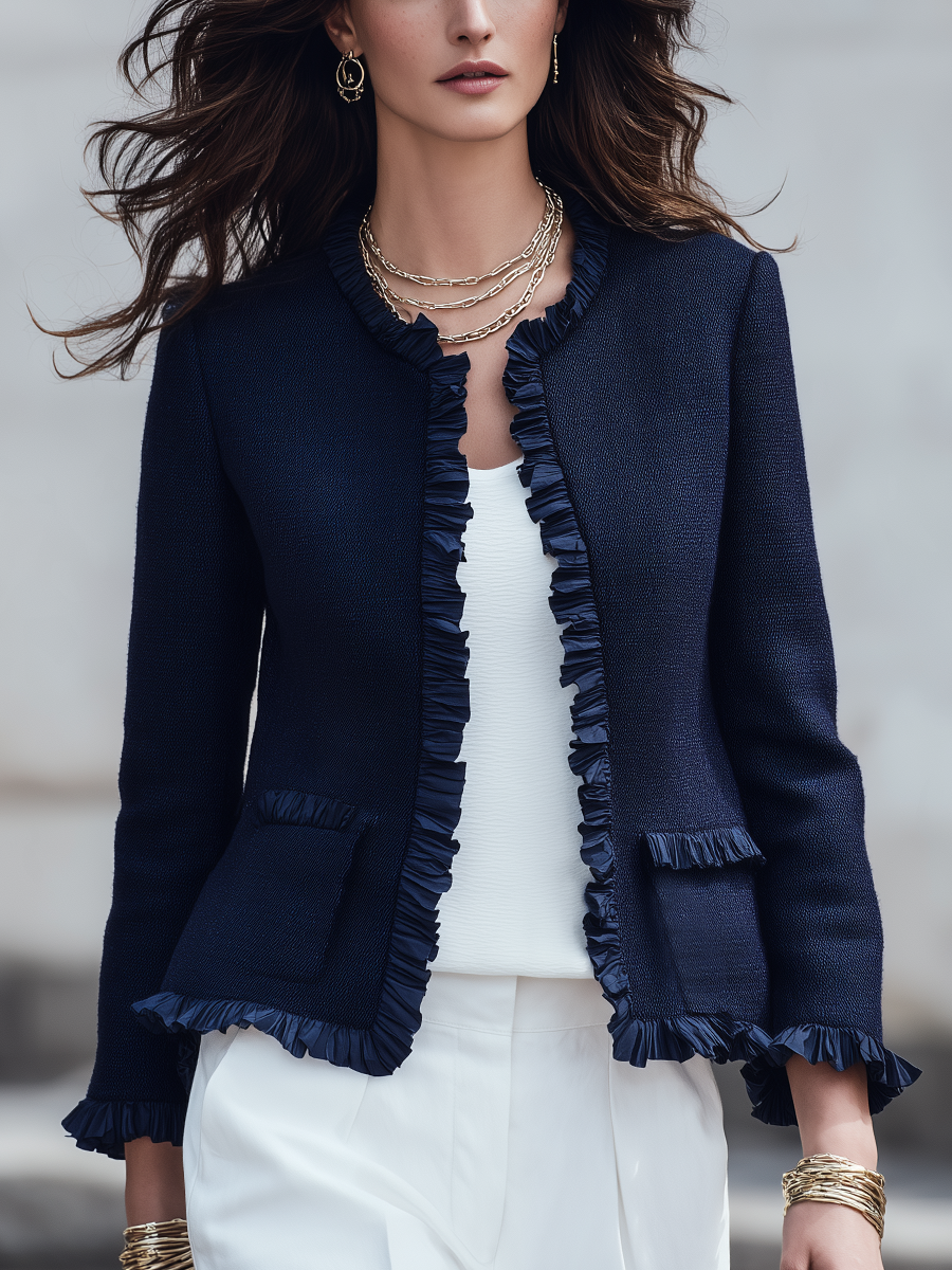 Romantic Navy Textured Ruffle Trim Jacket