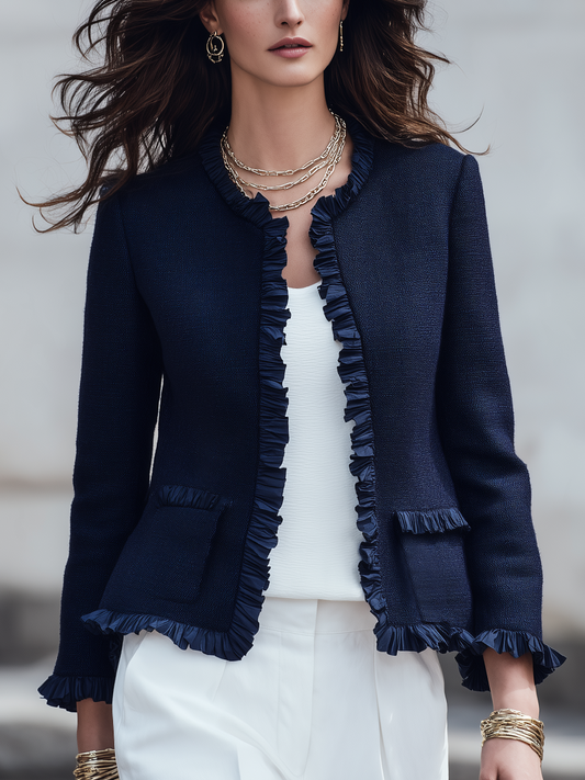Romantic Navy Textured Ruffle Trim Jacket