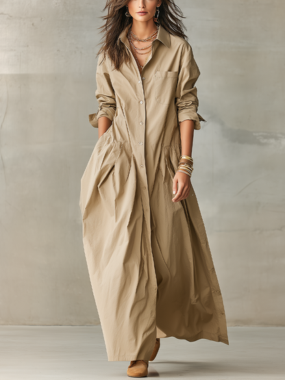 Khaki Cotton Linen Low-waisted Long Shirt Dress