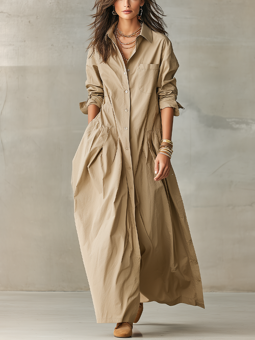 Khaki Cotton Linen Low-waisted Long Shirt Dress