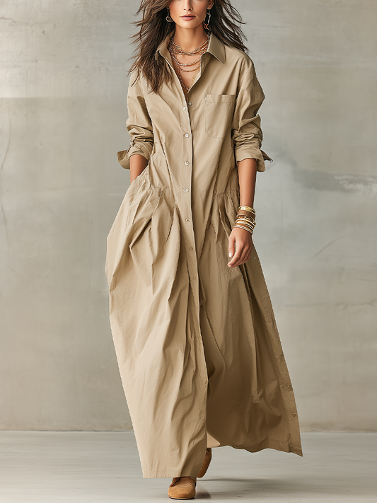Khaki Cotton Linen Low-waisted Long Shirt Dress