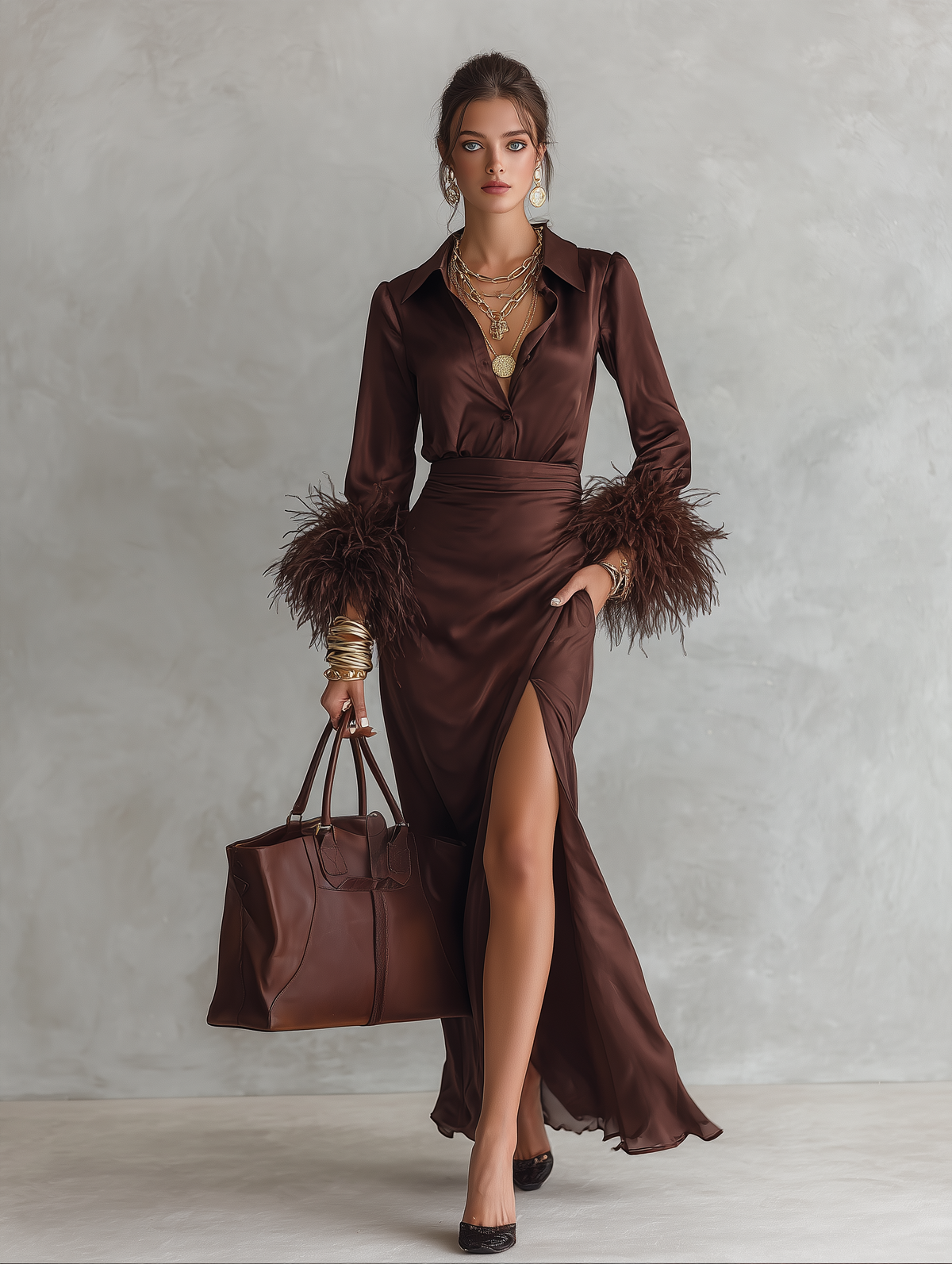 Satin Feather-Cuff High Slit Maxi Dress