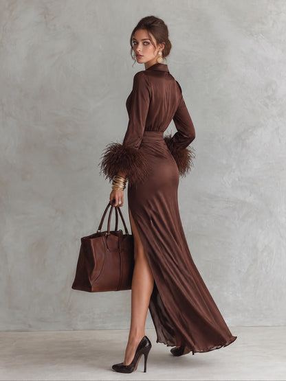 Satin Feather-Cuff High Slit Maxi Dress