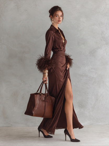 Satin Feather-Cuff High Slit Maxi Dress