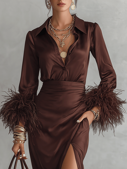 Satin Feather-Cuff High Slit Maxi Dress