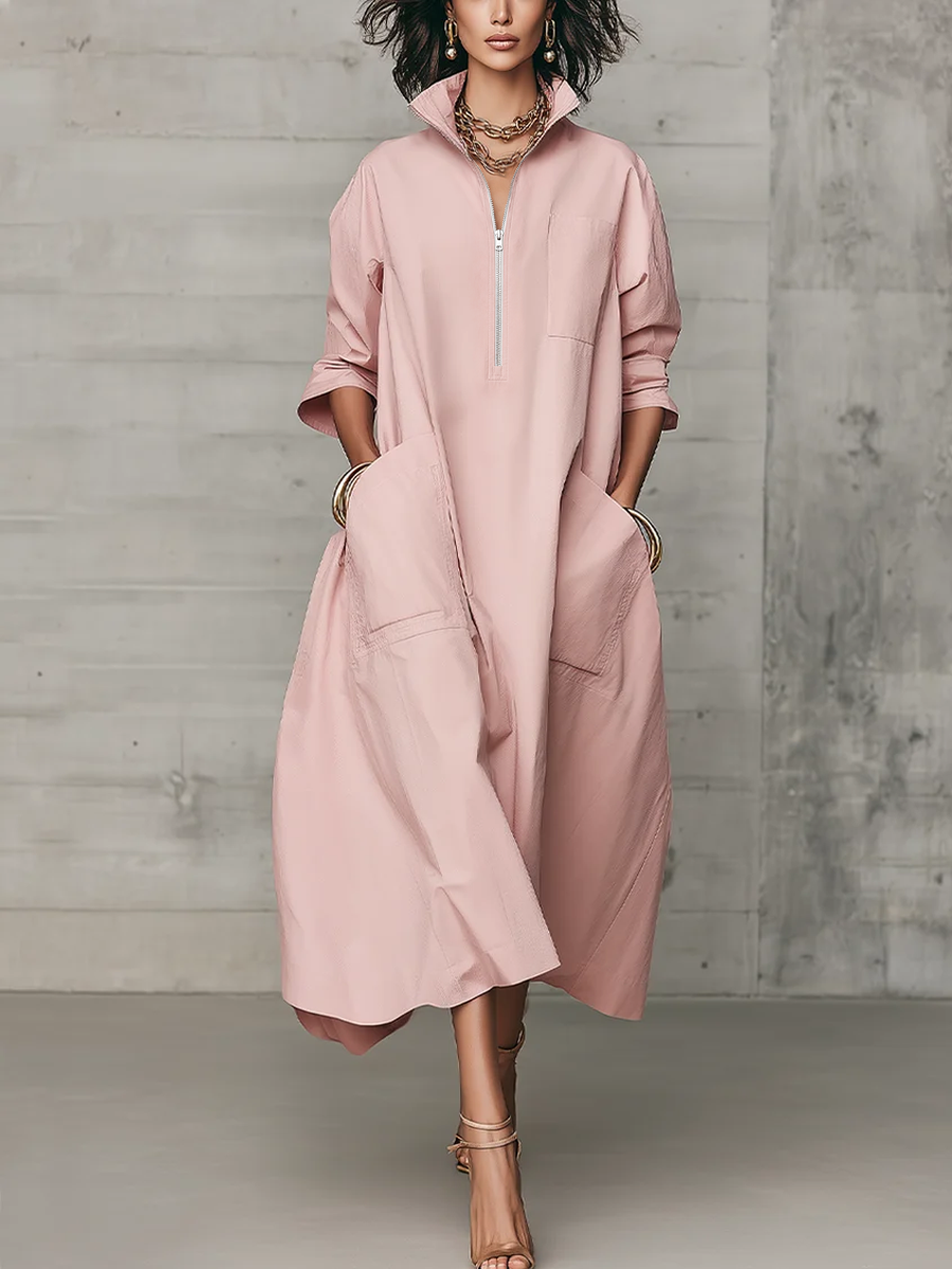 Grayish Pink Cotton Shirt-style Pocket Long Dress