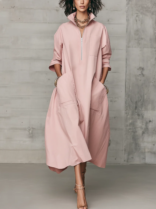 Grayish Pink Cotton Shirt-style Pocket Long Dress