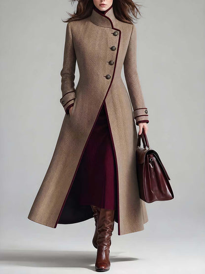 Women's Elegant Herringbone Wool Long Coat with Contrast Piping Stand Collar