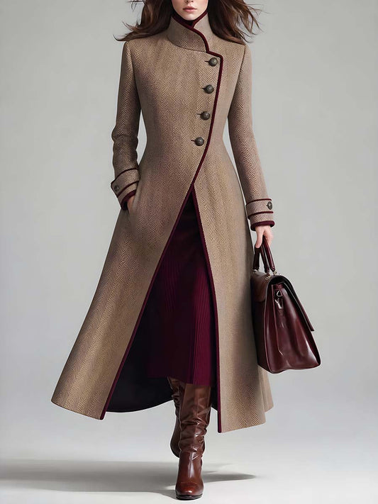 Women's Elegant Herringbone Wool Long Coat with Contrast Piping Stand Collar
