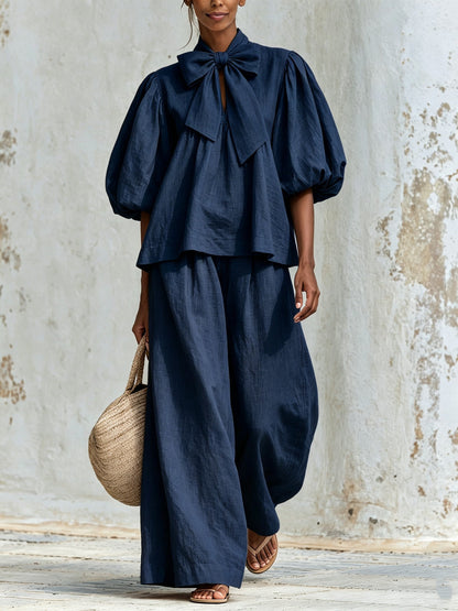 Linen-Blend Bow Tie Puff Sleeve Top & Wide-Leg Pants Set