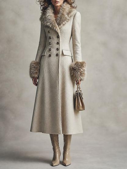 Quiet Luxury Fur-trimmed Collar Double-breasted Wool-blend Coat With Waist-cinching Fit