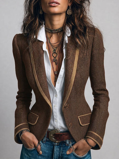Retro Herringbone Tweed Fitted Blazer with Contrast Trim