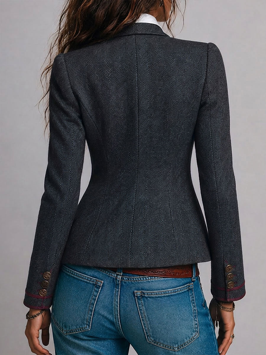 Retro Herringbone Tweed Fitted Blazer with Contrast Trim