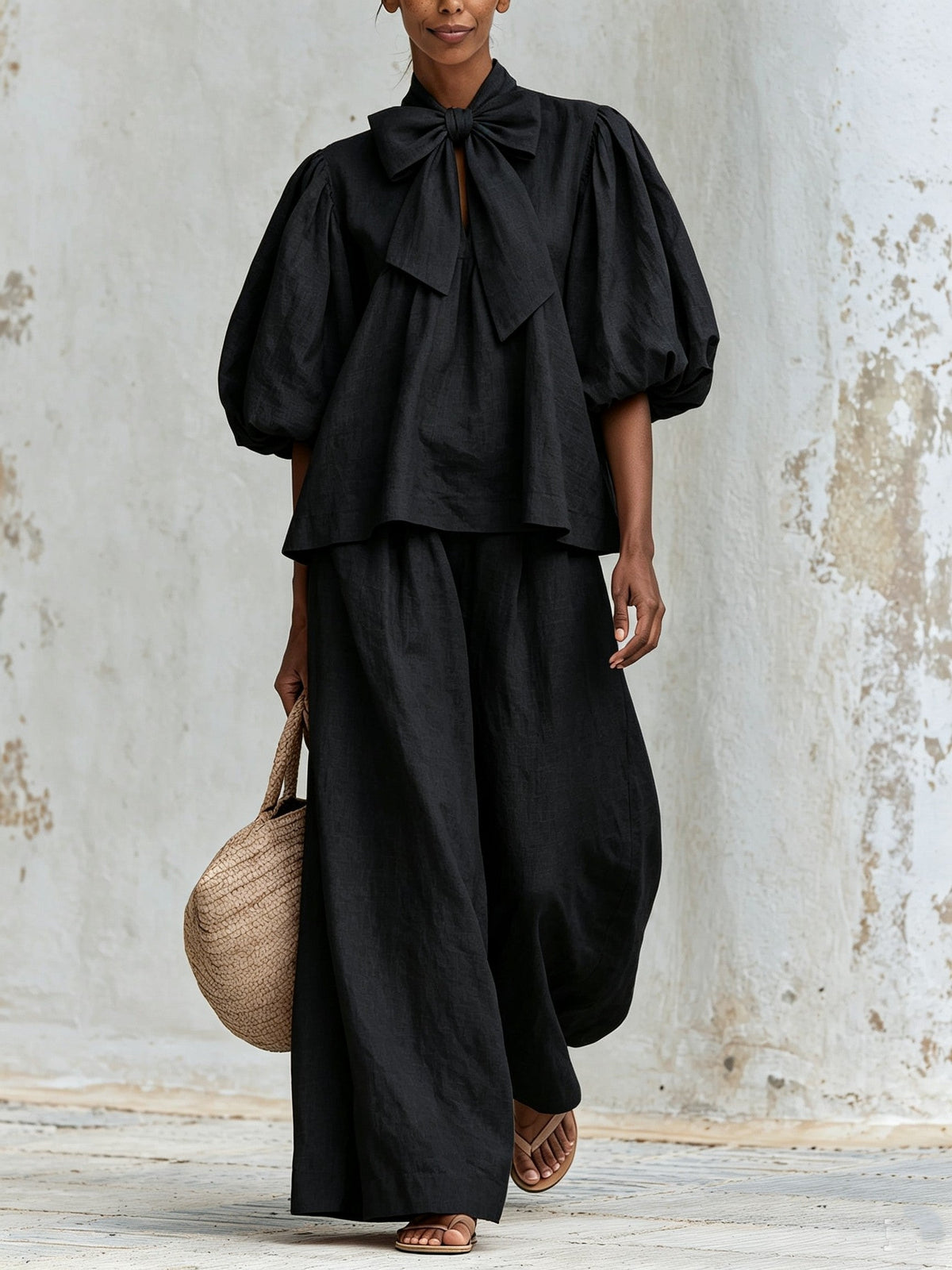 Linen-Blend Bow Tie Puff Sleeve Top & Wide-Leg Pants Set