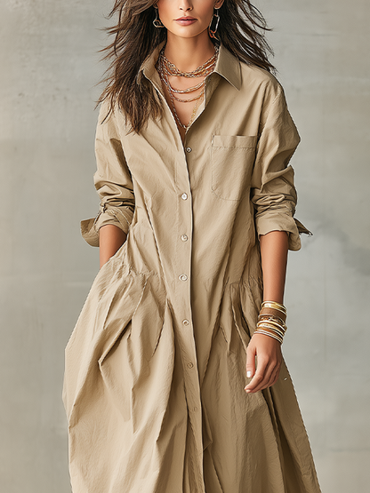 Khaki Cotton Linen Low-waisted Long Shirt Dress