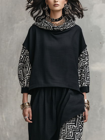 Black Linen Geometric Print Turtleneck Skirt Set