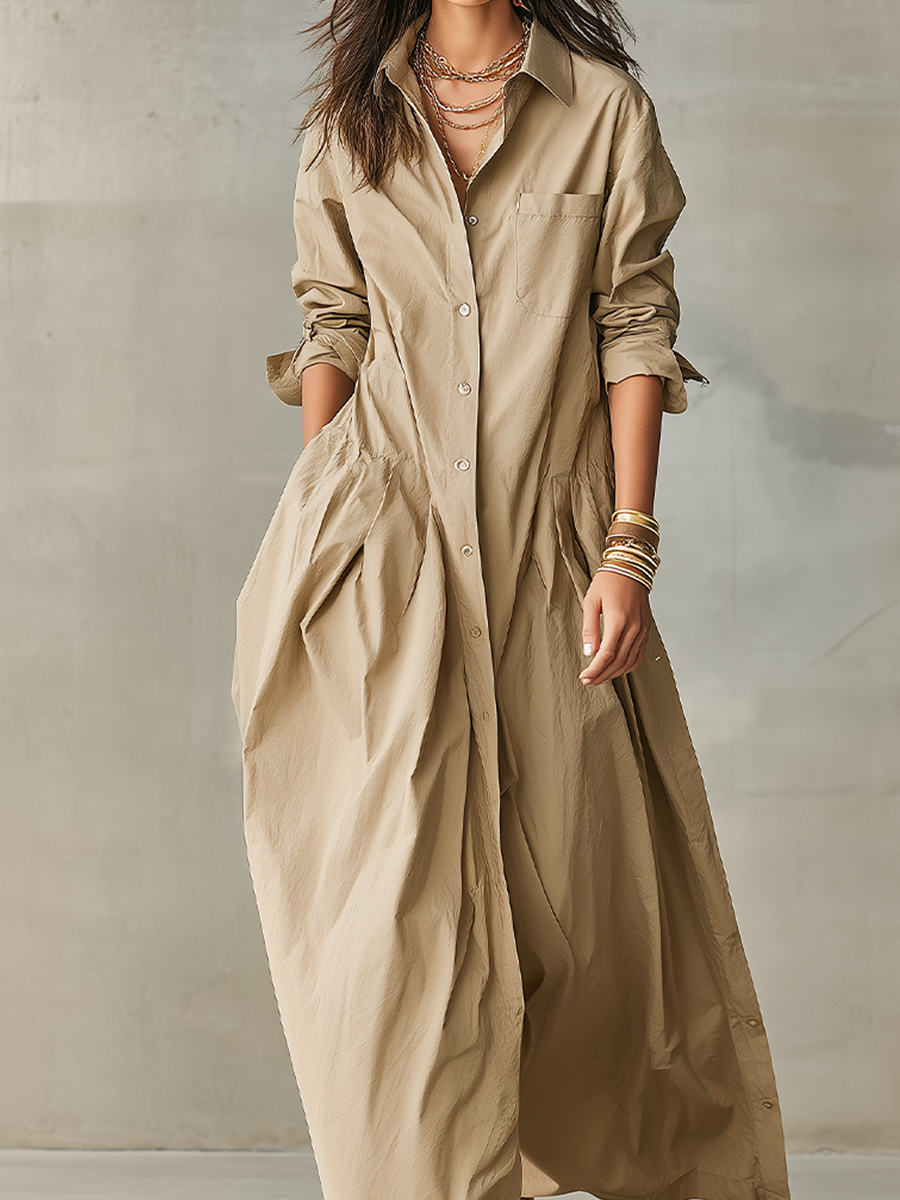 Khaki Cotton Linen Low-waisted Long Shirt Dress