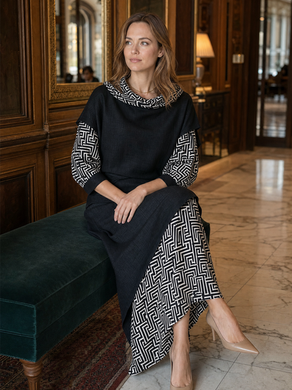 Black Linen Geometric Print Turtleneck Skirt Set
