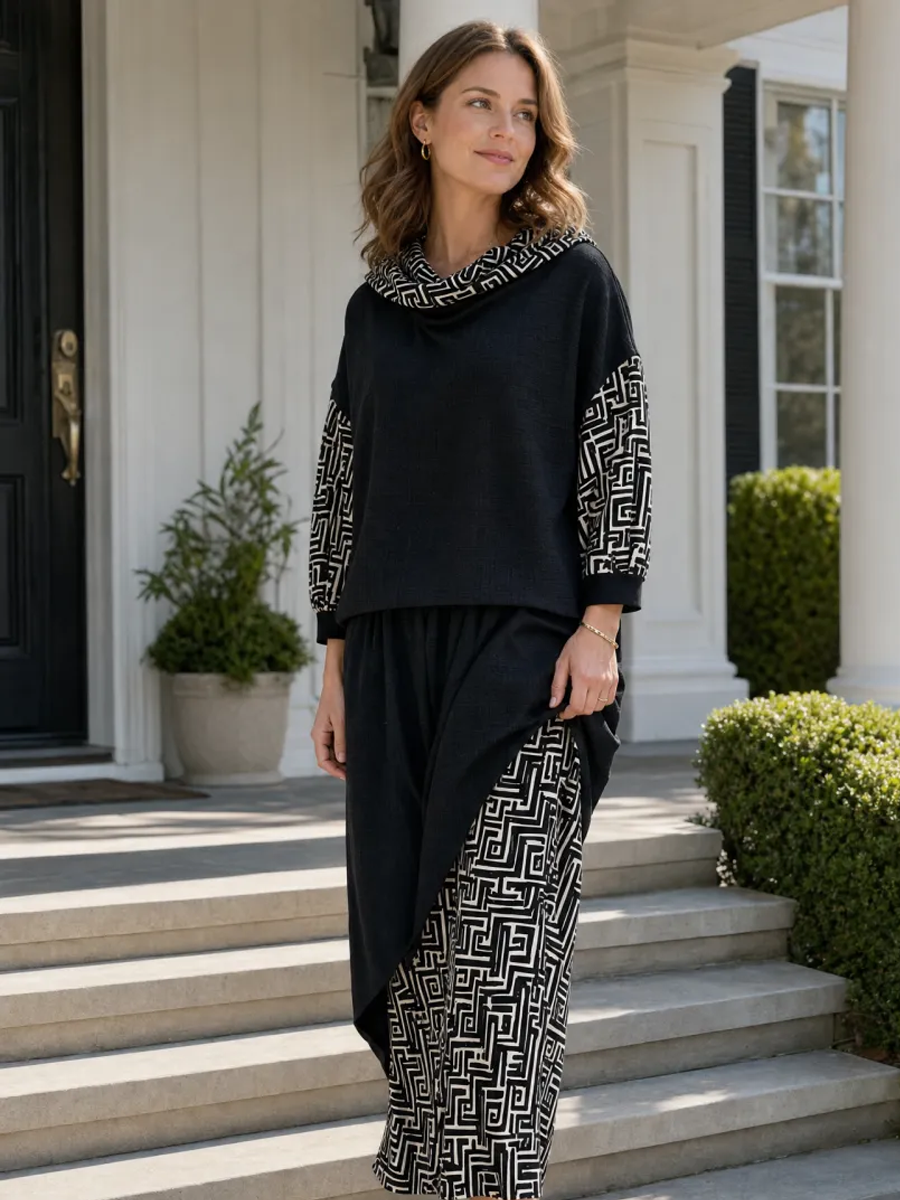 Black Linen Geometric Print Turtleneck Skirt Set