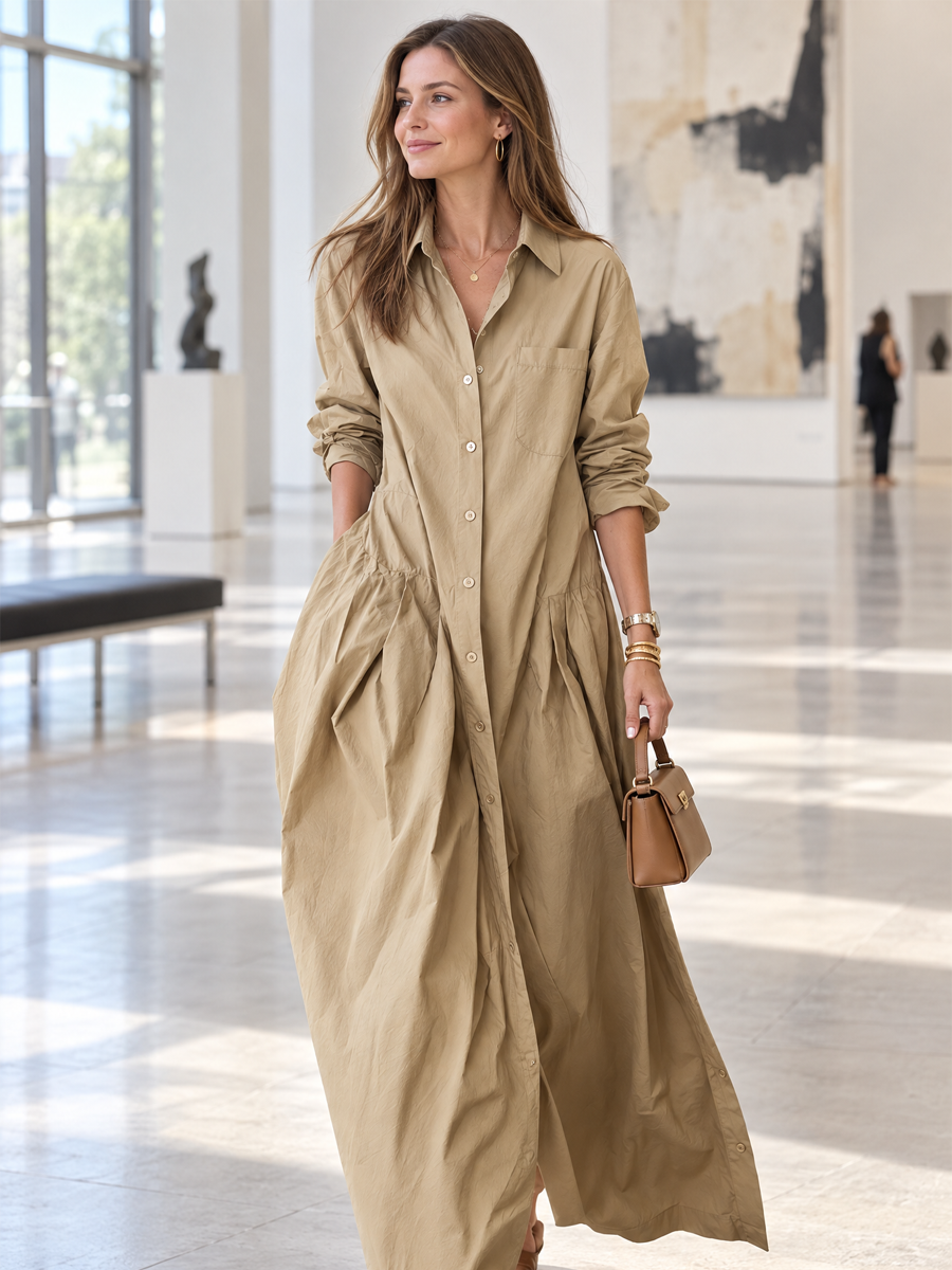 Khaki Cotton Linen Low-waisted Long Shirt Dress