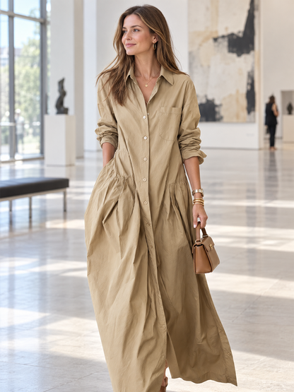 Khaki Cotton Linen Low-waisted Long Shirt Dress