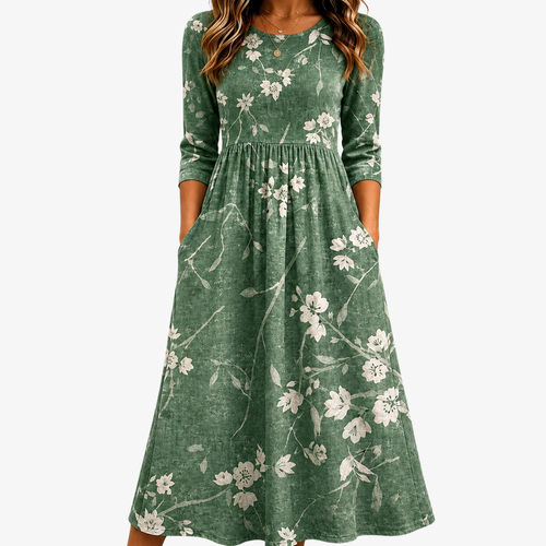 Evergreen Bloom Relaxed Pocket Midi Dress