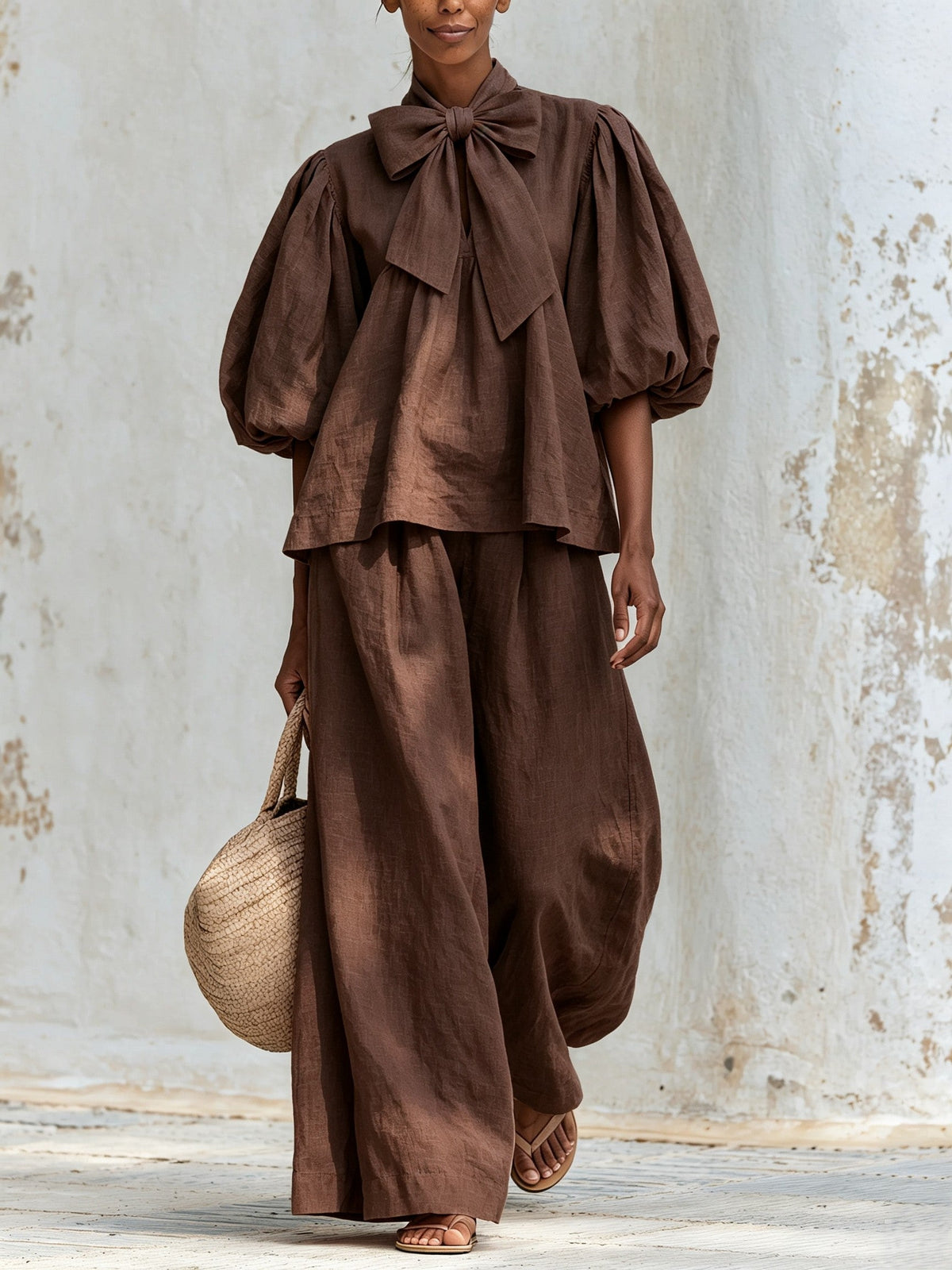 Linen-Blend Bow Tie Puff Sleeve Top & Wide-Leg Pants Set