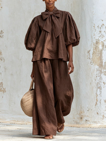 Linen-Blend Bow Tie Puff Sleeve Top & Wide-Leg Pants Set