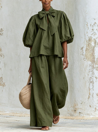 Linen-Blend Bow Tie Puff Sleeve Top & Wide-Leg Pants Set