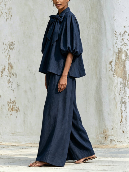 Linen-Blend Bow Tie Puff Sleeve Top & Wide-Leg Pants Set